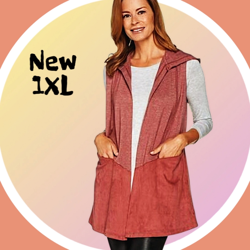 - Long Duster Mixed Media Vest Hooded w Pockets Size 1X